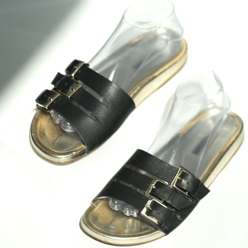 LONGCHAMP Slides Black Leather Gold 3 Buckle Strap Resort Sandals, US 9 /39